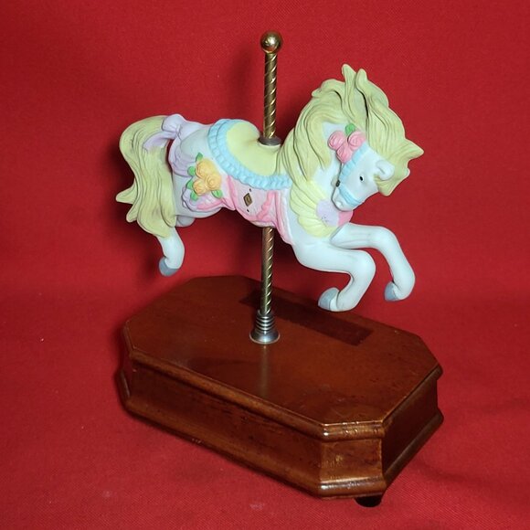 Musical Carousel Horse Bisque Porcelain Wood Base Plays Wind Beneath My Wings - Picture 6 of 12